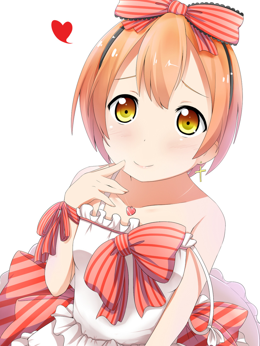 bare_arms bare_shoulders blush bow brown_hair collarbone cross cross_earrings dress earrings hair_bow heart highres hoshizora_rin jewelry light_brown_hair looking_at_viewer love_live! love_live!_school_idol_project makuran necklace off_shoulder pendant ribbon sash simple_background sleeveless sleeveless_dress smile solo strap_slip striped striped_bow striped_ribbon white_background white_dress wrist_ribbon yellow_eyes