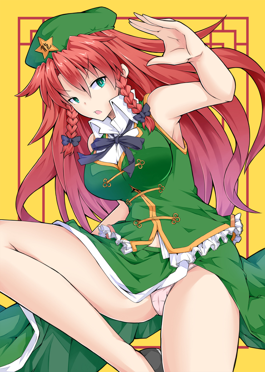 :o absurdres armpits bare_legs bare_shoulders beret blouse braid chinese_clothes fighting_stance green_eyes hat highres hong_meiling ishimu leg_up long_hair panties patterned_background red_hair side_slit slit_pupils solo standing standing_on_one_leg star tangzhuang touhou twin_braids underwear v-shaped_eyebrows white_blouse white_panties