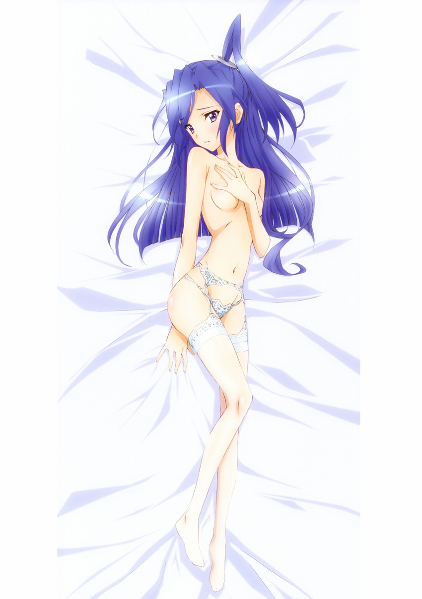 absurdres bed_sheet blue_hair blush breasts convenient_censoring covering covering_breasts dakimakura from_above full_body garter_belt groin hair_censor highres kazanari_tsubasa lace lace-trimmed_panties lace-trimmed_thighhighs lingerie long_hair long_legs looking_at_viewer lowleg lowleg_panties lying navel official_art on_back on_bed one_side_up panties parted_lips purple_eyes raised_eyebrows senki_zesshou_symphogear skinny slender_waist slim_legs small_breasts solo thighhighs topless underwear underwear_only white_legwear white_panties