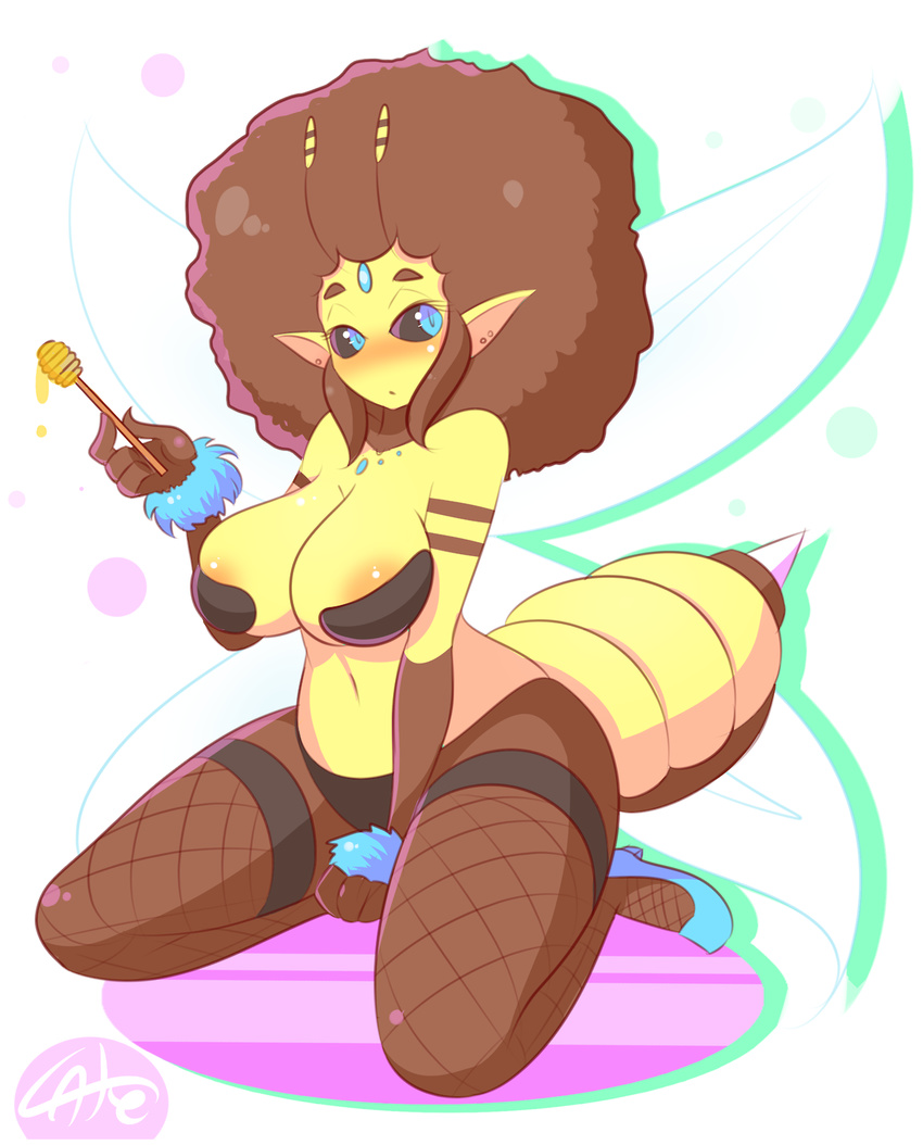 afro arthropod bee big_breasts black_sclera blue_eyes blush breasts cleavage clothed clothing ear_piercing female fishnet high_heels honey insect piercing pointy_ears solo stinger