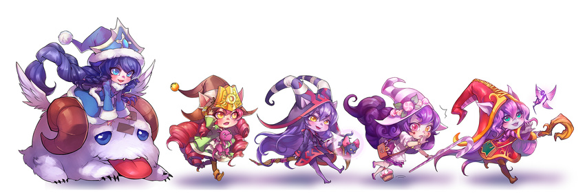 :p black_dress blue_dress blue_eyes blue_hair dragon dress hat heterochromia highres league_of_legends long_hair long_sleeves lulu_(league_of_legends) multiple_girls multiple_persona na_young_lee open_mouth pink_hair pix poro_(league_of_legends) purple_hair red_dress smile staff tongue tongue_out white_background winter_clothes yellow_eyes