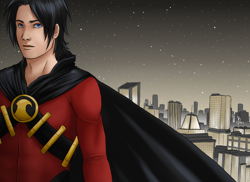 1boy bandoliers batman_(series) blue_eyes cape city dc_comics emblem looking_at_viewer male male_focus night pole red_robin red_shirt shirt solo tim_drake weapon