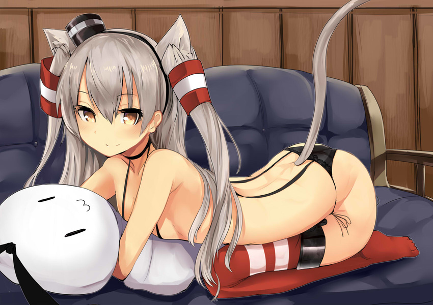 :3 amatsukaze_(kantai_collection) animal_ear_fluff animal_ears arched_back armpit_crease bare_shoulders black_panties blush brown_eyes cat_ears cat_tail commentary_request eyebrows_visible_through_hair garter_straps haik hair_between_eyes hair_tubes highres kantai_collection kemonomimi_mode long_hair looking_at_viewer panties platinum_blonde_hair red_legwear side-tie_panties silver_hair solo striped striped_legwear tail thighhighs topless two_side_up underwear underwear_only |_| |w|