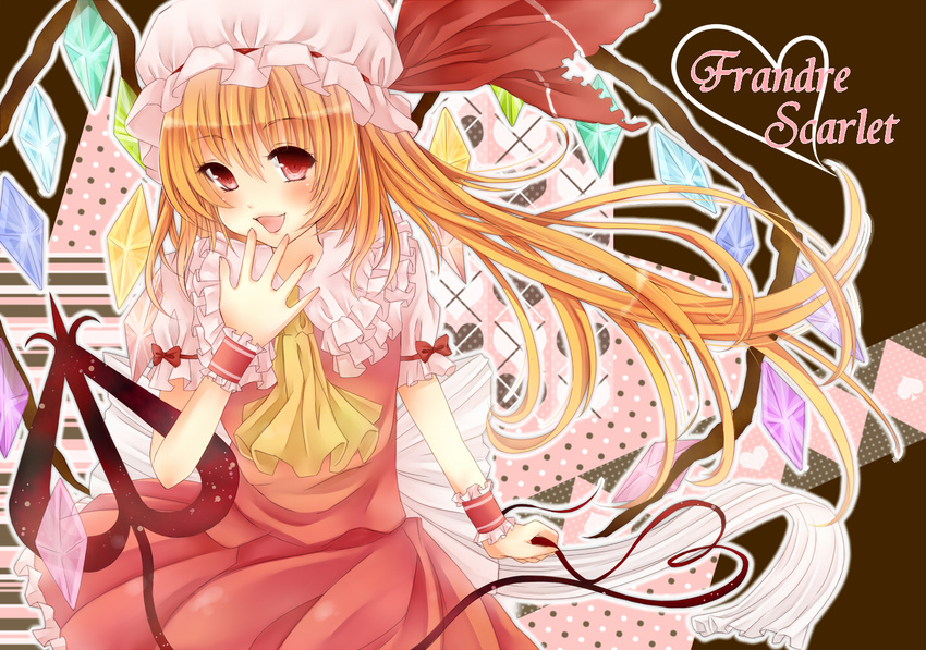 ascot blonde_hair bow character_name flandre_scarlet hat hat_bow heart kiyashiki_haruka laevatein mob_cap open_mouth red_eyes side_ponytail solo touhou wings wrist_cuffs