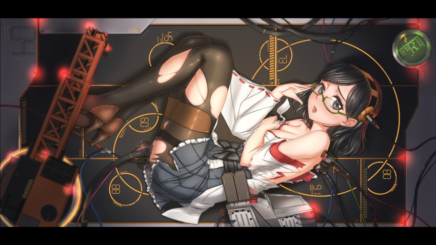 absurdres android black_hair boots cable crane cyborg damaged giantess glasses green-framed_eyewear grey_eyes high_heel_boots high_heels highres kantai_collection kirishima_(kantai_collection) lying nontraditional_miko object_insertion on_side pantyhose pussy_juice pussy_juice_puddle qingmingtongzi short_hair skirt solo thighhighs torn_clothes torn_legwear vaginal vaginal_object_insertion
