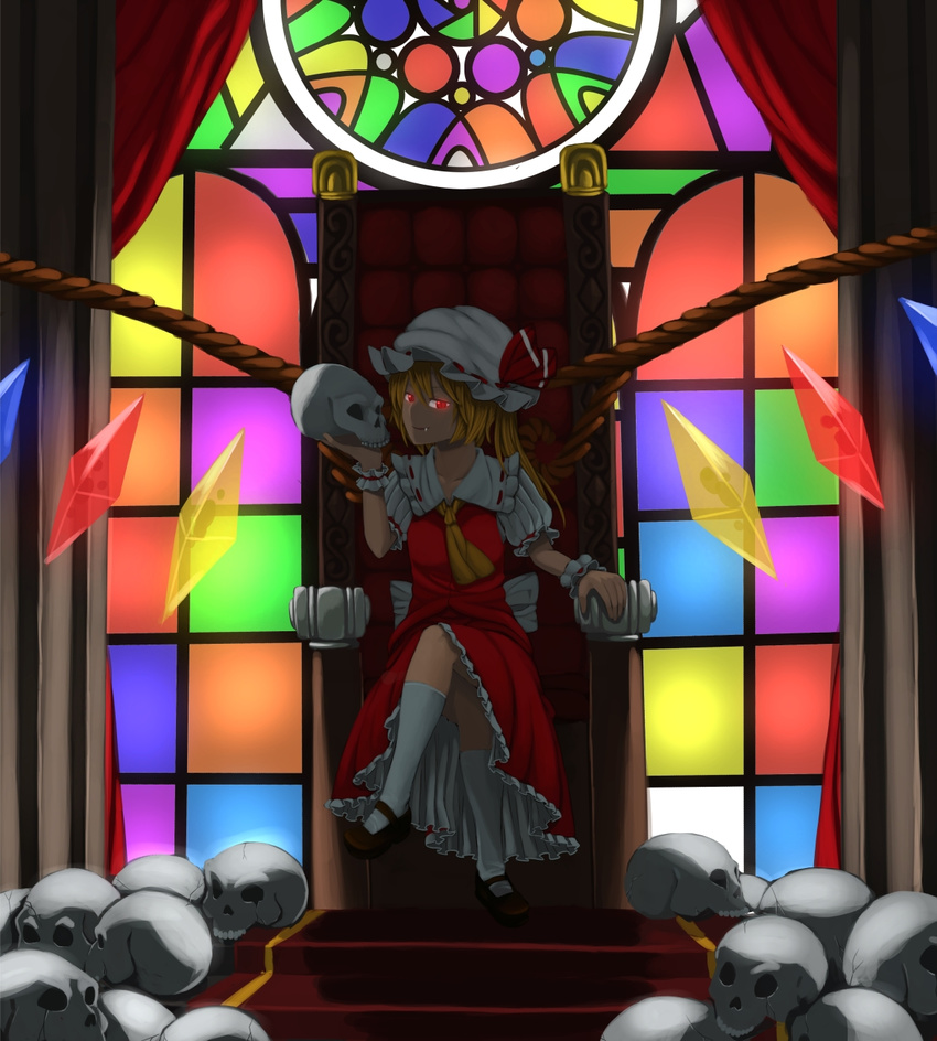 blonde_hair crossed_legs curtains deadrising0630 fang fang_out flandre_scarlet frilled_skirt frills hat hat_ribbon highres mary_janes mob_cap puffy_short_sleeves puffy_sleeves red_eyes ribbon shoes short_hair short_sleeves side_ponytail sitting skirt skull smile throne touhou window wings