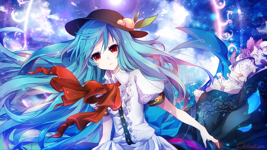 artist_name blue_hair bow chikashige food frown fruit hat hinanawi_tenshi long_hair peach red_eyes sky solo touhou