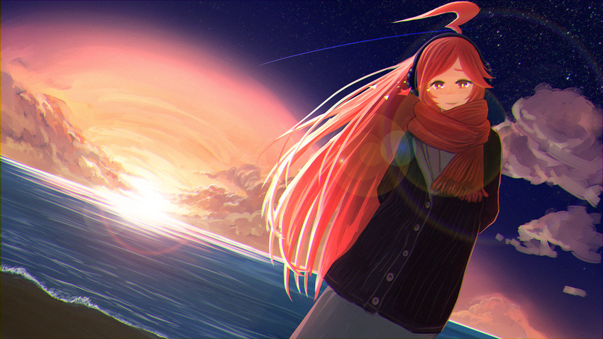 clouds miki_(vocaloid) red_eyes red_hair scarf sky stars sunset vocaloid water yue_(yueanh)