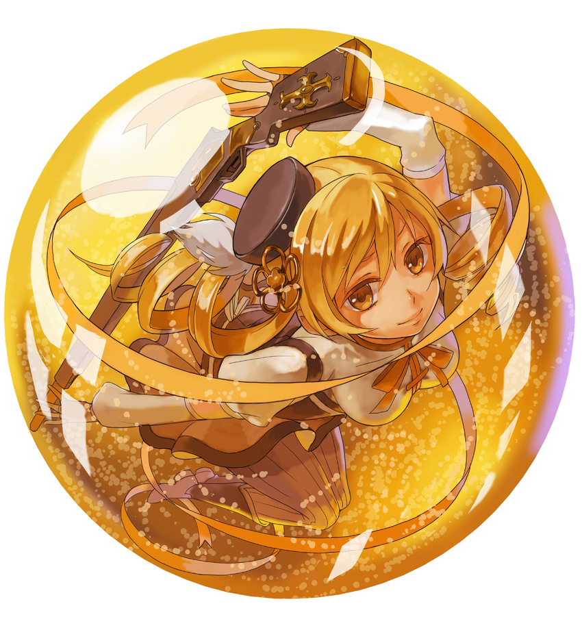 absurdres beret blonde_hair drill_hair fingerless_gloves gloves hat highres magical_girl mahou_shoujo_madoka_magica okaya_mrh orb smile solo tomoe_mami twin_drills twintails yellow_eyes