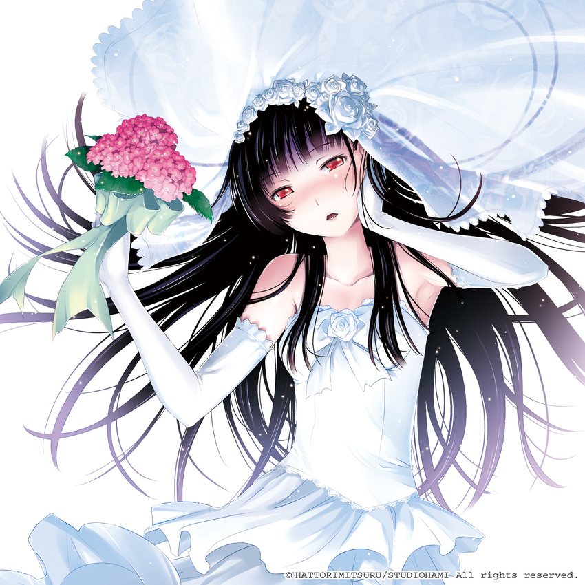 bare_shoulders black_hair blush bouquet bridal_veil dress elbow_gloves flower gloves hand_on_own_cheek hattori_mitsuru highres long_hair open_mouth red_eyes sanka_rea sankarea solo veil wedding_dress white_dress white_gloves