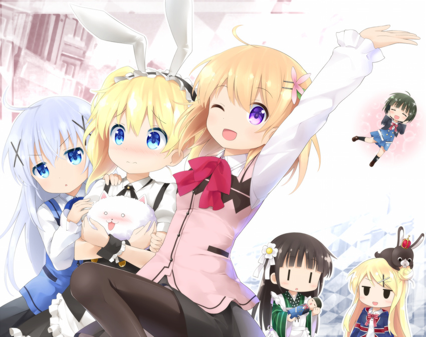 6+girls :3 :d ;d =_= ^_^ ahoge alice_cartelet ama_usa_an_uniform animal animal_ears animal_on_head anko_(gochiusa) arm_grab arm_up black_hair black_legwear blonde_hair blue_eyes blue_hair blush bow bowtie brown_hair bunny bunny_ears chestnut_mouth closed_eyes company_connection cosplay crossover crown dress_shirt fake_animal_ears fleur_de_lapin_uniform flower gochuumon_wa_usagi_desu_ka? hair_bun hair_flower hair_ornament hairclip hand_on_another's_shoulder hands_on_own_cheeks hands_on_own_face happy_state haribote_(tarao) headdress holding hoto_cocoa jitome kafuu_chino kin-iro_mosaic kirima_sharo kirima_sharo_(cosplay) kokeshi kujou_karen long_hair long_sleeves manga_time_kirara mini_crown minigirl multiple_girls neck_ribbon nose_blush o_o on_head one_eye_closed oomiya_shinobu open_mouth pantyhose pleated_skirt puffy_sleeves purple_eyes rabbit_house_uniform ribbon school_uniform shirt shoes short_hair short_sleeves skirt smile socks solid_oval_eyes sparkle striped striped_bow striped_neckwear tippy_(gochiusa) ujimatsu_chiya vest wrist_cuffs x_hair_ornament yuri |_|