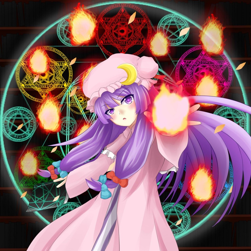 aiming_at_viewer black_background bow crescent crescent_hair_ornament danmaku double_bun dress fire foreshortening greek hair_bow hair_ornament hat hat_ribbon head_tilt hexagram highres lavender_hair long_hair looking_at_viewer magic_circle mob_cap open_mouth patchouli_knowledge pentagram purple_eyes ribbon robe shinon_ruku sidelocks sleeves_past_wrists solo striped striped_dress touhou very_long_hair