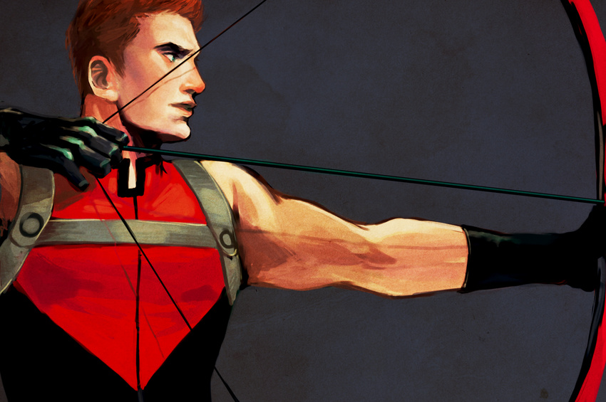 1boy akipunch archer arrow bow_(weapon) dc_comics male male_focus marksman orange_hair profile red_arrow roy_harper sleeveless solo weapon