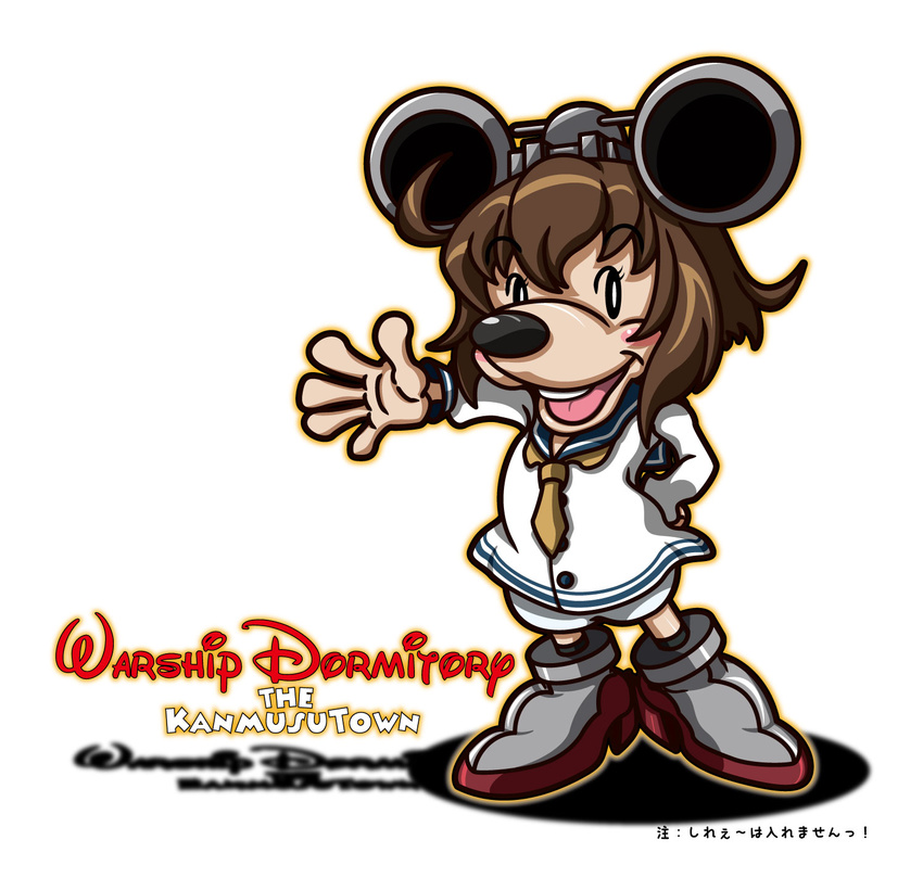 brown_hair commentary_request cosplay disney dress english hair_ornament highres kantai_collection long_sleeves mickey_mouse sailor_dress shifuu~ short_hair smile solo white_background yukikaze_(kantai_collection) yukikaze_(kantai_collection)_(cosplay)