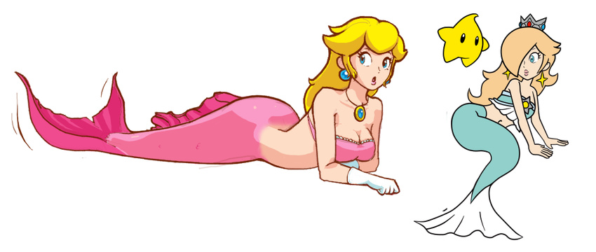 blue_eyes blush breasts cleavage clothed clothing crown ear_piercing female fish_tail hair lips luma mario_bros mermaid mythology nintendo no_feet piercing princess_peach princess_rosalina royalty underwater video_games water