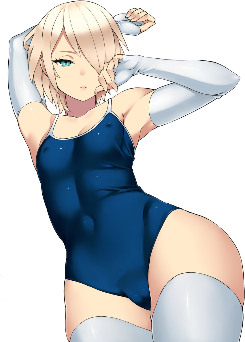 aqua_eyes armpits arms_up blonde_hair bridal_gauntlets cameltoe character_request competition_school_swimsuit covered_navel covered_nipples derivative_work fingerless_gloves flat_chest gloves green_eyes hair_over_one_eye highres looking_at_viewer one-piece_swimsuit original pout shiny shiny_clothes short_hair simple_background skin_tight solo swimsuit thighhighs thighs toned white_background white_legwear zonda_(solid_air)
