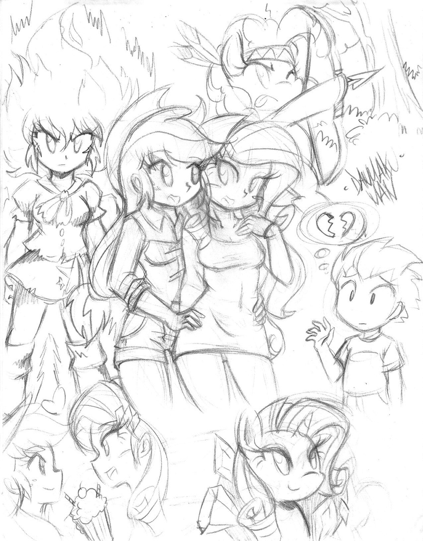 &lt;/3 &lt;3 applejack_(mlp) arrow bandanna black_and_white blush bow_(weapon) breasts bush cleavage clothed clothing couple cowboy_hat danmakuman dress duo equine feather female fire friendship_is_magic gem group hairpin hat heartbroken horn horse human humanized male mammal milkshake monochrome my_little_pony outside pinkie_pie_(mlp) pony ranged_weapon rarity_(mlp) shorts sketch spike_(mlp) tongue tongue_out torn_clothing tree twilight_sparkle_(mlp) unicorn weapon