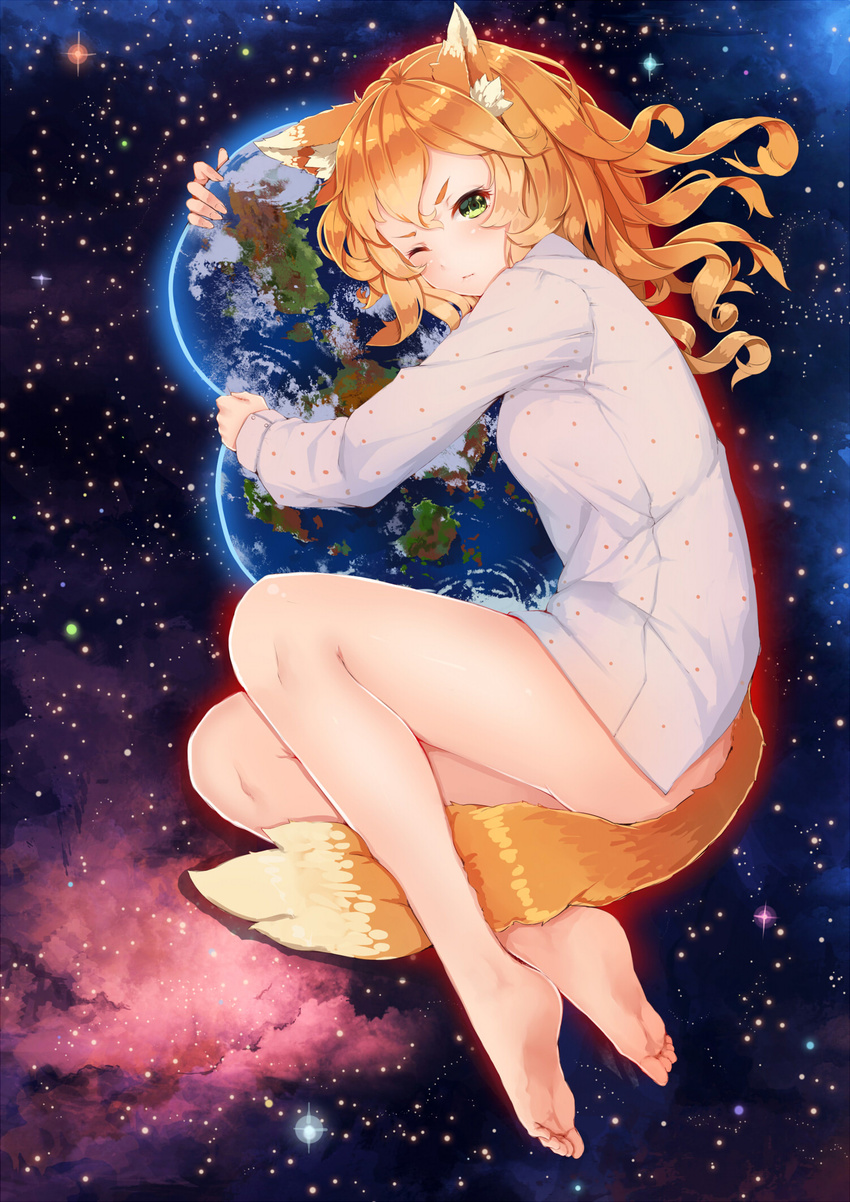 animal_ears bare_legs barefoot between_legs blush earth fangxiang_cuoluan feet firefox fox_ears fox_tail from_side frown full_body giantess green_eyes highres legs_folded long_hair looking_at_viewer lying naked_shirt object_hug on_side one_eye_closed orange_hair os-tan personification planet shirt solo space star_(sky) tail tail_between_legs white_shirt