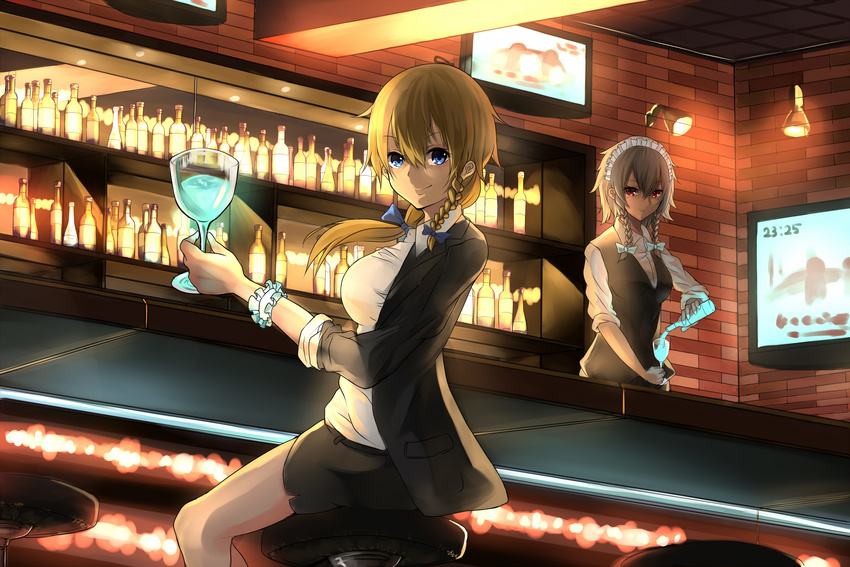 akira_(mr_akira) alcohol alternate_costume alternate_eye_color alternate_hairstyle bar bar_stool bartender blonde_hair blue_eyes bottle bow braid breasts brick_wall cocktail cocktail_glass contemporary cup drinking_glass expressionless hair_bow highres izayoi_sakuya jacket kirisame_marisa lights looking_at_viewer maid_headdress medium_breasts miniskirt multiple_girls open_clothes open_jacket ponytail pouring red_eyes shelf short_hair silver_hair single_braid sitting skirt sleeves_rolled_up smile stool television_screen touhou twin_braids vest wrist_cuffs