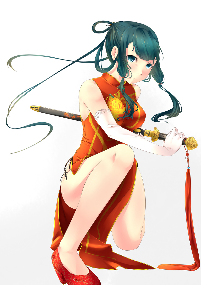 absurdres aqua_eyes breasts china_dress chinese_clothes dress elbow_gloves gloves green_hair highres legs long_hair medium_breasts mori_yashiro_(konkon_oyashiro) one_knee original parted_lips pose ready_to_draw sheath shoes side_slit simple_background sleeveless solo sword weapon white_background