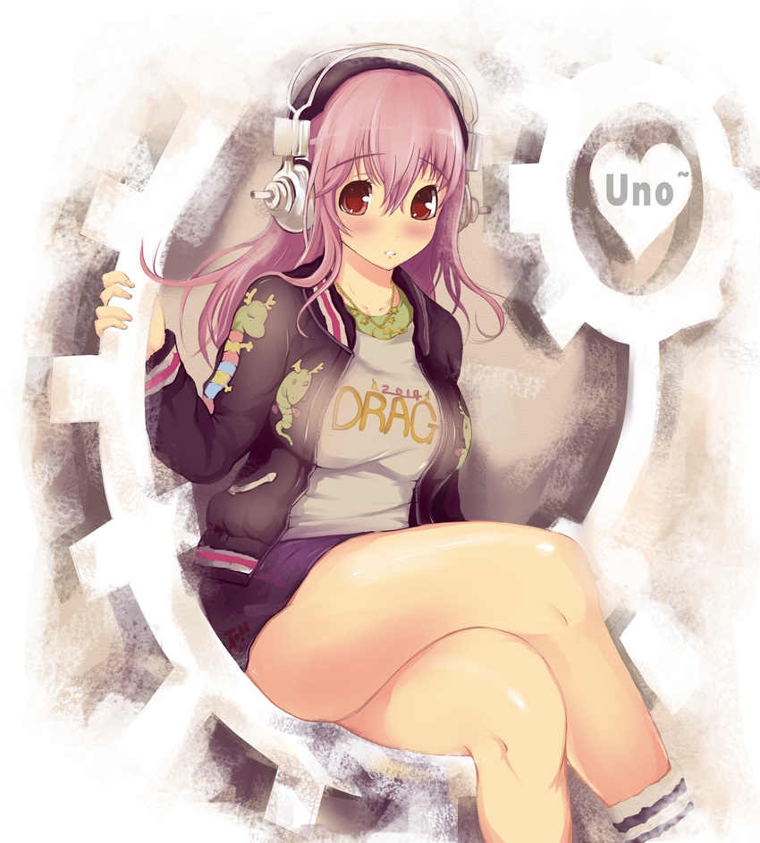 absurdres bad_id bad_pixiv_id blush breasts clothes_writing crossed_legs dragon dragon_print eastern_dragon headphones highres jacket jewelry large_breasts letterman_jacket long_hair looking_at_viewer necklace nitroplus open_clothes open_jacket open_mouth pink_hair red_eyes solo super_sonico uno_(13268380108)
