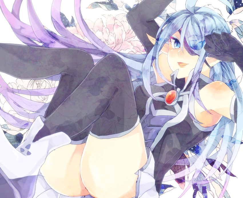 ahoge blue_eyes blue_hair elbow_gloves eyepatch flower gloves highres hilary_flail inazuma_eleven_(series) inazuma_eleven_go inazuma_eleven_go_galaxy long_hair multicolored_hair open_mouth pointy_ears purple_hair solo thighhighs two-tone_hair very_long_hair