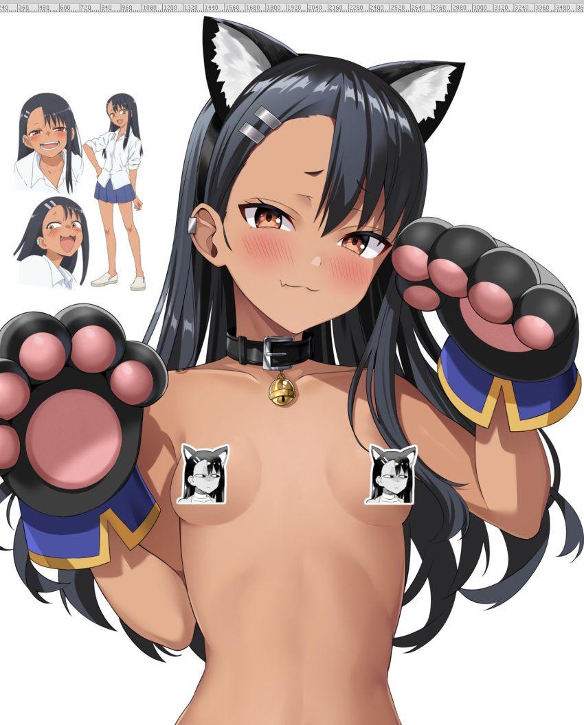 1girl animal_collar animal_ears animal_hands asymmetrical_bangs bangs bell blush breasts brown_eyes cat_ears censored censored_nipples collar commentary completely_nude dark_skin earclip english_commentary fake_animal_ears fang gloves hair_ornament hairclip highres hiroki_(hirokiart) ijiranaide_nagatoro-san long_hair looking_at_viewer nagatoro_hayase neck_bell nude simple_background skin_fang small_breasts solo tan upper_body white_background