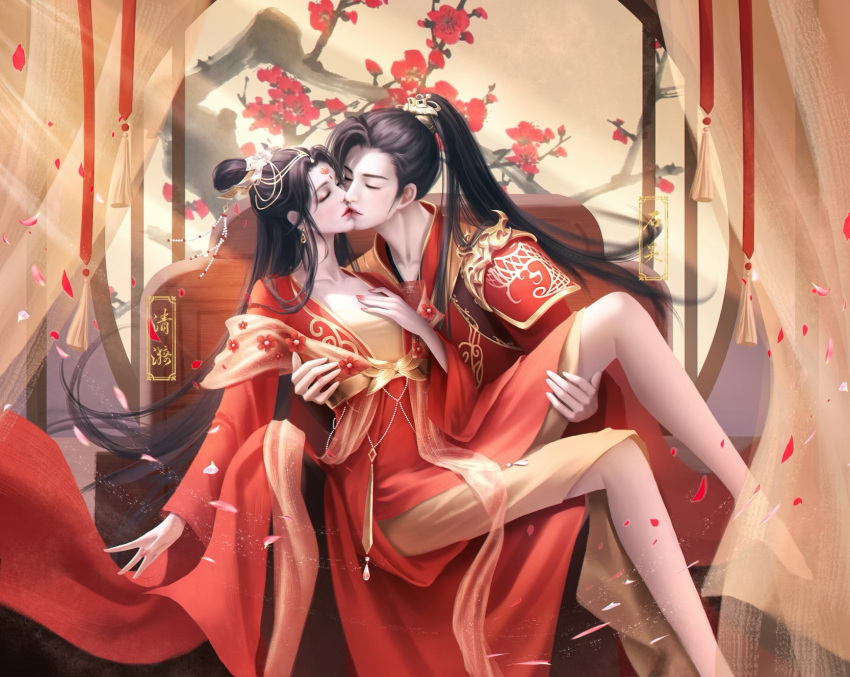 1boy 1girl bare_legs barefoot chair character_request chinese_clothes closed_eyes curtains earrings falling_petals hair_bun hair_ornament hand_on_own_chest highres holding_another's_leg indoors jewelry kiss long_hair long_sleeves mingzi_jiao_shushu petals ponytail second-party_source sexually_suggestive solo wanmei_shijie yue_chan_(wanmei_shijie)