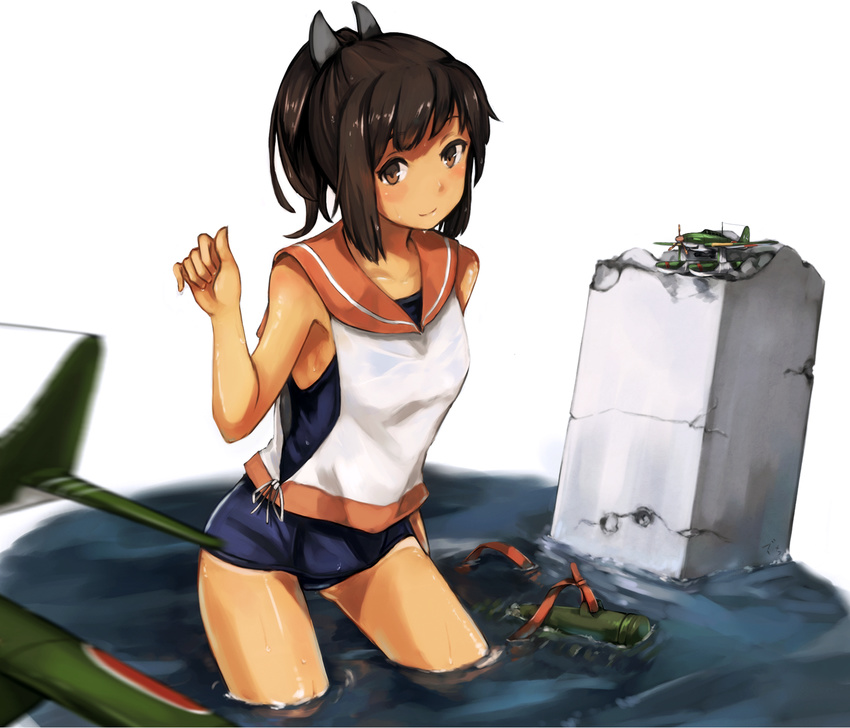 aircraft airplane ass_visible_through_thighs brown_eyes brown_hair highres i-401_(kantai_collection) kantai_collection looking_at_viewer maki_(maki_pei) ponytail sailor_collar short_hair smile solo swimsuit swimsuit_under_clothes wading water wet