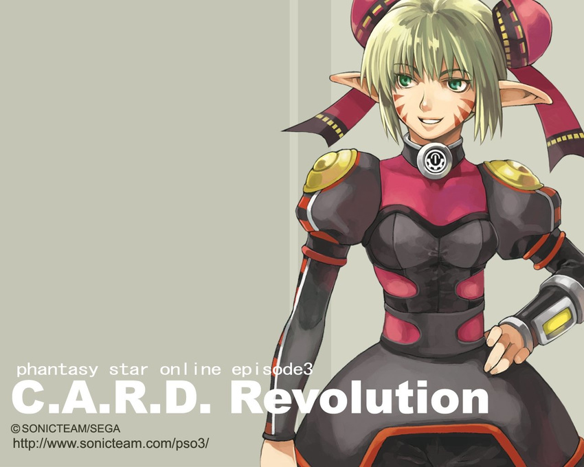 :d artist_request blonde_hair bodysuit breasts copyright_name cowboy_shot double_bun elf english facepaint green_eyes grey_background grin hand_on_hip long_sleeves looking_to_the_side memoru open_mouth phantasy_star phantasy_star_online pointy_ears puffy_long_sleeves puffy_sleeves shoulder_pads simple_background small_breasts smile solo source_request teeth two-tone_background watermark web_address