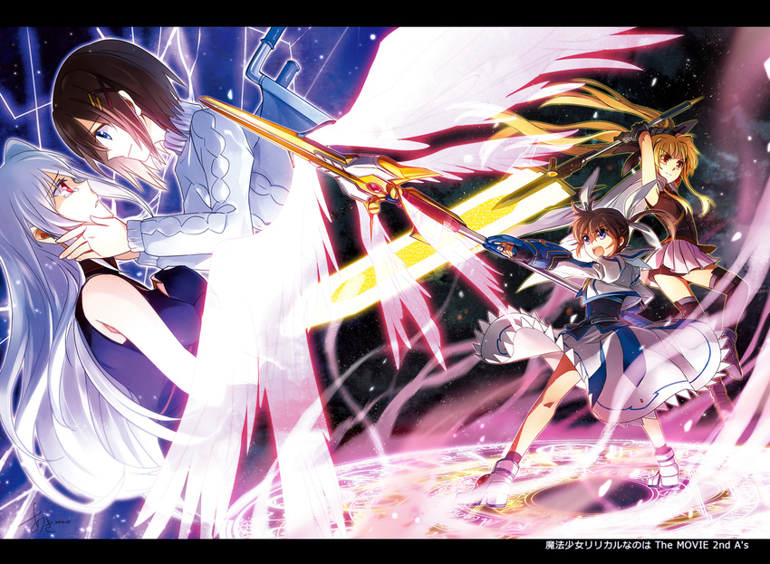 aki_(neyuki41028) bardiche blonde_hair blue_eyes boots breasts brown_hair cape dress energy_sword fate_testarossa fingerless_gloves gauntlets gloves hair_ornament letterboxed long_hair lyrical_nanoha magic_circle magical_girl mahou_shoujo_lyrical_nanoha mahou_shoujo_lyrical_nanoha_a's mahou_shoujo_lyrical_nanoha_the_movie_2nd_a's medium_breasts multiple_girls purple_eyes raising_heart red_eyes reinforce signature silver_hair skirt smile staff sweater sword takamachi_nanoha tears thighhighs turtleneck weapon wheelchair yagami_hayate