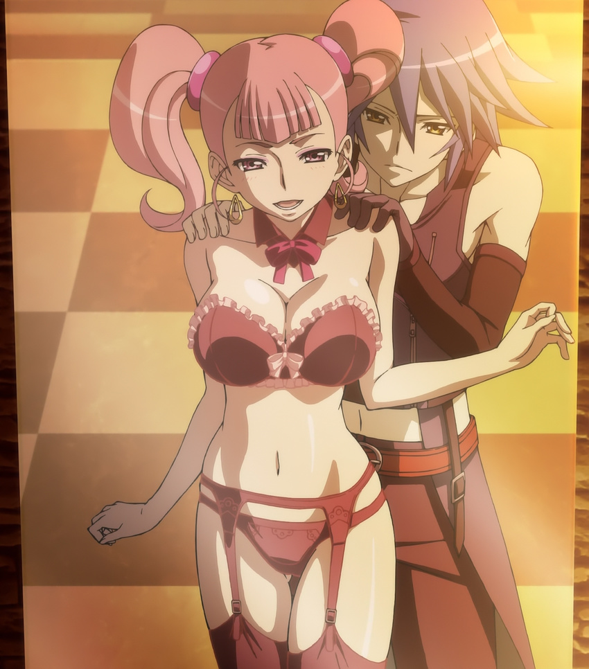amara_(captain_earth) bra breasts captain_earth choker cleavage earrings frilled_bra frills garter_belt garter_straps highres jewelry large_breasts moco_(captain_earth) navel panties pink_eyes pink_hair screencap standing thighhighs twintails underwear