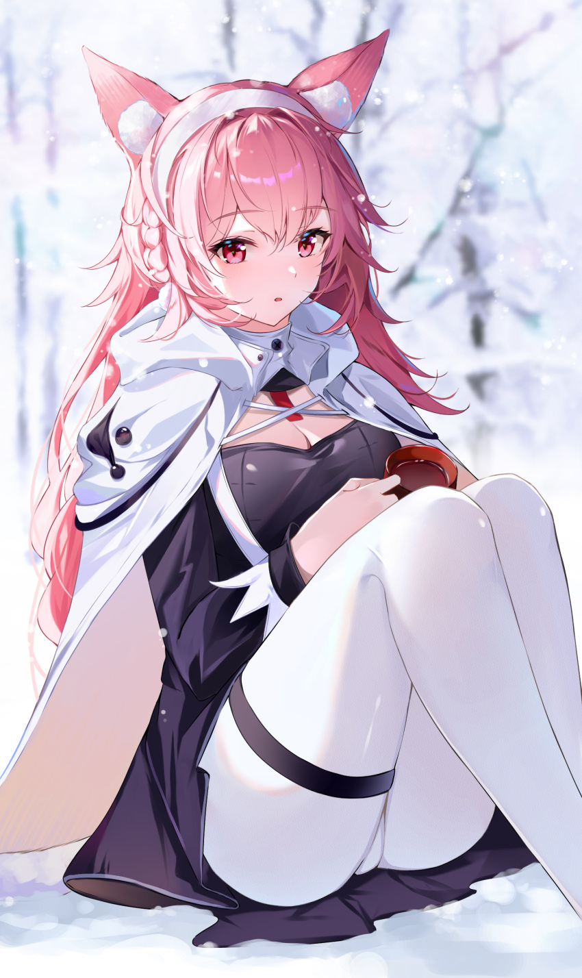 1girl absurdres animal_ears arknights black_dress braid cape commentary dress feet_out_of_frame hairband highres long_hair long_sleeves looking_at_viewer minus_(minusminuscule) official_alternate_costume pantyhose parted_lips pink_eyes pink_hair pozyomka_(arknights) pozyomka_(snowy_plains_in_words)_(arknights) sitting solo symbol-only_commentary thigh_strap thighs very_long_hair white_cape white_hairband white_pantyhose wolf_ears