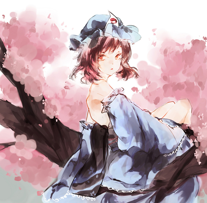 adapted_costume bare_back bare_shoulders branch cherry_blossoms detached_sleeves from_side hat in_tree kunaru mob_cap obi pink_hair red_eyes saigyouji_yuyuko sash short_hair sitting sitting_in_tree sleeves_past_wrists solo touhou tree triangular_headpiece wide_sleeves