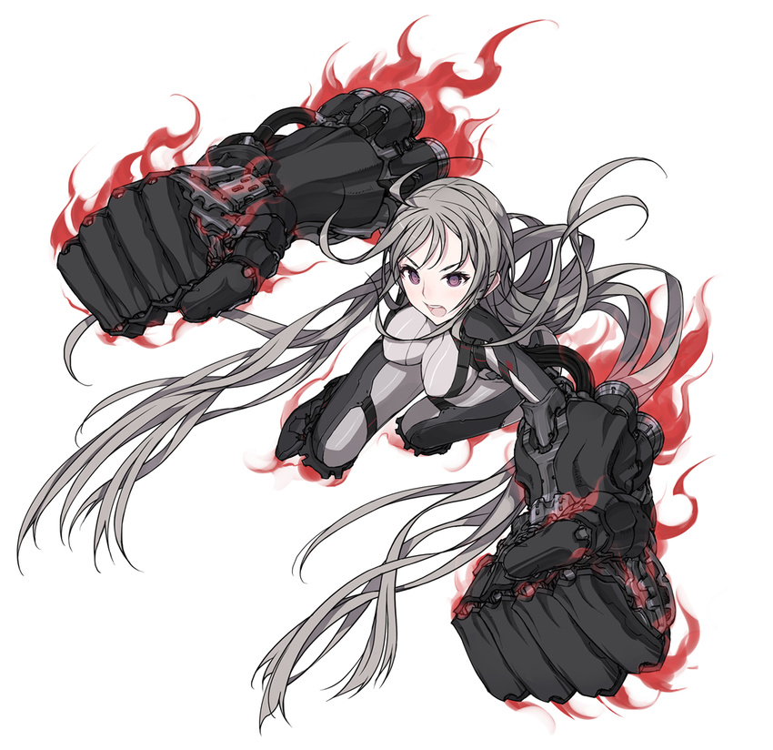 ahoge bodysuit full_body gauntlets glowing greaves grey_hair huge_weapon impossible_clothes kazuoki long_hair open_mouth original oversized_forearms oversized_limbs purple_eyes simple_background solo very_long_hair weapon white_background