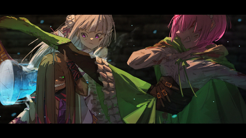 1girl 2girls blood blood_on_clothes blood_on_face brown_hair cape clenched_teeth emilia_(re:zero) flower green_eyes grey_hair hair_flower hair_ornament hairclip hammer highres leg_up long_hair lye_batenkaitos multiple_girls pink_hair purple_eyes ram_(re:zero) re:zero_kara_hajimeru_isekai_seikatsu ro_ka_ro_ka sharp_teeth short_hair teeth weapon