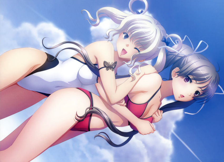 2girls ;d absurdres bikini black_hair blue_eyes competition_swimsuit copyright_request dutch_angle highres long_hair multiple_girls one-piece_swimsuit one_eye_closed open_mouth purple_eyes smile swimsuit tadano_akira twintails white_hair wink