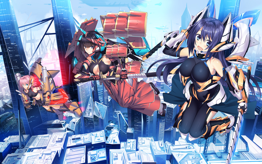 3girls black_hair blue_eyes blue_hair bodysuit breasts city cleavage fang highres hullabaloo katana mechagirl multiple_girls original pink_hair sword weapon