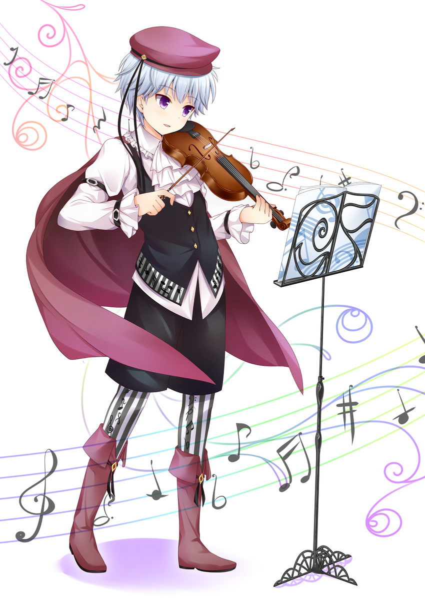 absurdres bass_clef beamed_sixteenth_notes dotted_eighth_note eighth_note eighth_rest flat_sign girlfriend_(kari) hat highres instrument kimijima_satoru musical_note musical_note_print pantyhose purple_eyes quarter_note quarter_rest sharp_sign short_hair solo staff_(music) treble_clef violin zexel_(nintama)