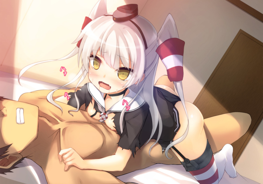 1girl amatsukaze_(kantai_collection) ass black_hairband black_panties black_shirt breast_press breasts clenched_teeth clothed_female_nude_male dutch_angle eyebrows_visible_through_hair garter_straps girl_on_top hairband hetero indoors kantai_collection long_hair nude open_mouth panties panties_aside safi sex shirt silver_hair small_breasts sweat teeth thighhighs torn_clothes torn_shirt two_side_up underwear very_long_hair yellow_eyes