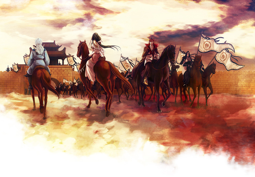 6+boys architecture black_hair chinese_clothes cousins east_asian_architecture flag hanfu horse long_hair magi_the_labyrinth_of_magic multiple_boys nemu_(noibla) red_hair ren_hakuei ren_kouen riding seishun_(magi) soldier wall white_hair