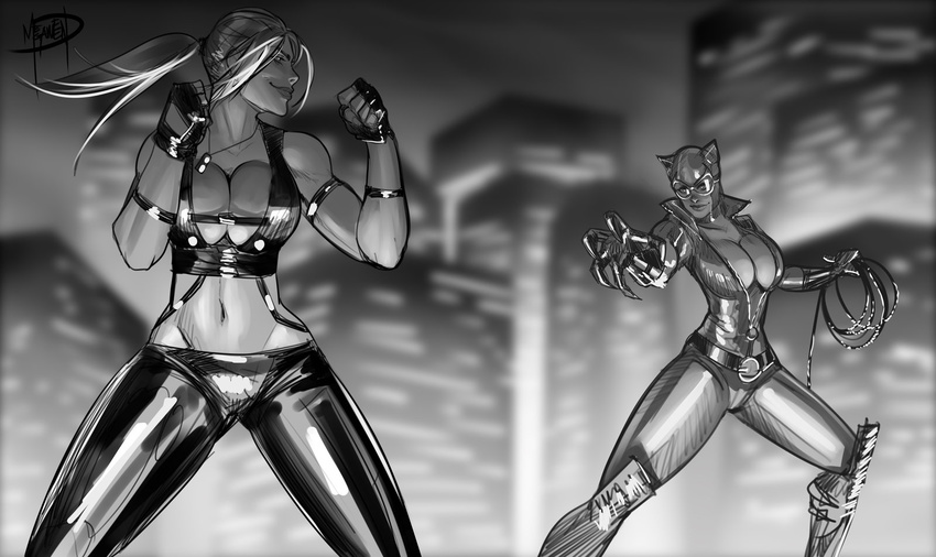 animal_hood bare_shoulders bodysuit breasts cat_hood catsuit catwoman cleavage crop_top crossover daniel_fernando_sanchez dc_comics faceoff fighting_stance fingerless_gloves fingernails gloves goggles greyscale highres hood large_breasts midriff monochrome mortal_kombat mortal_kombat_vs_dc_universe multiple_girls navel no_bra ponytail sharp_fingernails sonya_blade toned unzipping whip