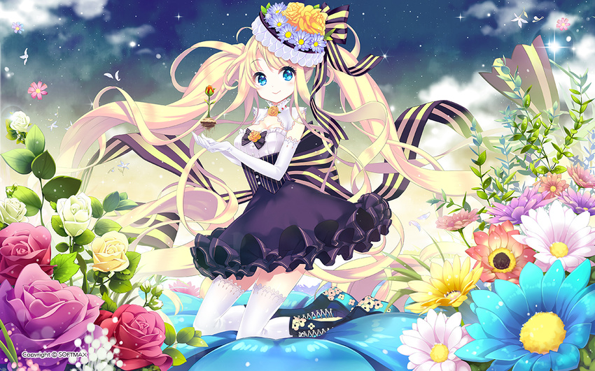 blonde_hair blue_eyes boots dress e-nya elbow_gloves flowers hat leaves long_hair original thighhighs twintails