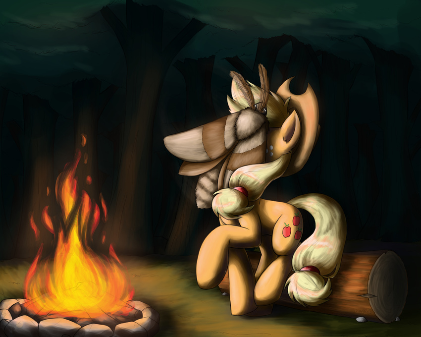 antennae applejack_(mlp) arthropod blonde_hair campfire cowboy_hat cutie_mark duo equine female fire fluffy_the_bringer_of_darkness forest freckles friendship_is_magic hair hat horse insect log mammal moth my_little_pony otakuap outside pony remake rock tree wood