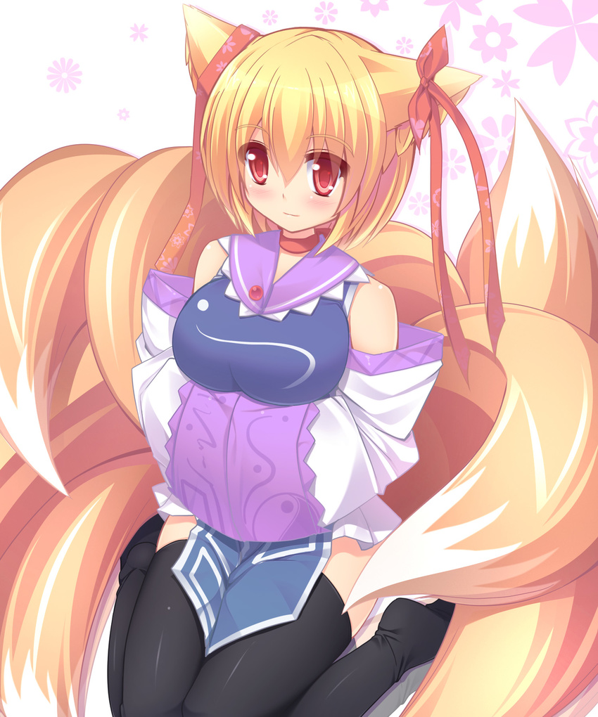 adapted_costume animal_ears bare_shoulders black_legwear blonde_hair blush bow breasts detached_sleeves ear_ribbon fox_ears fox_tail hands_in_opposite_sleeves highres large_breasts liya long_sleeves multiple_tails no_hat no_headwear red_eyes sitting smile solo tabard tail thighhighs touhou wariza wide_sleeves yakumo_ran zettai_ryouiki