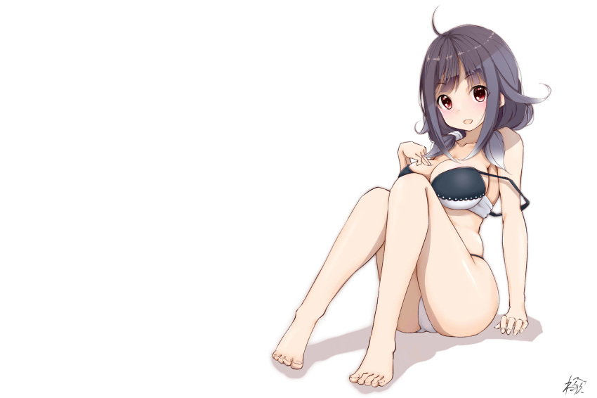 1girl bikini blush breasts eyebrows_visible_through_hair hair_ornament highres kantai_collection large_breasts looking_back neve open_mouth purple_hair red_eyes remodel_(kantai_collection) simple_background sitting swimsuit taigei_(kantai_collection) twintails white_background