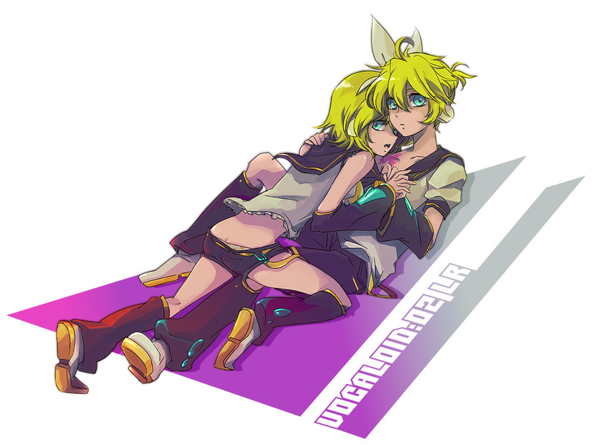 1girl ahoge aqua_eyes blonde_hair brother_and_sister butt_crack girl_on_top hair_ribbon headphones holding_hands incest kagamine_len kagamine_rin lying mattie migikata_no_chou_(vocaloid) on_back ribbon shorts siblings twincest twins vocaloid