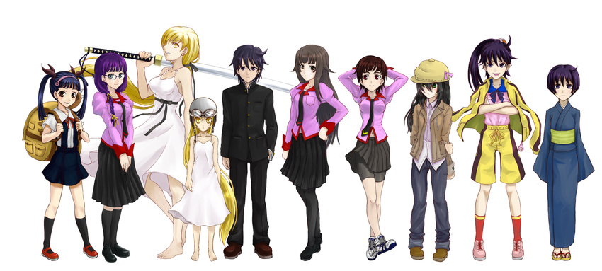 6+girls araragi_karen araragi_koyomi araragi_tsukihi arms_behind_head backpack bag bakemonogatari barefoot bike_shorts black_hair black_legwear blonde_hair blue_hair braid brown_hair crossed_arms dress everyone feet flat_chest glasses goggles hachikuji_mayoi hand_on_hip hanekawa_tsubasa hat helmet highres hizumi_(s05a1064) jacket japanese_clothes juliet_sleeves kanbaru_suruga katana kimono kiss-shot_acerola-orion_heart-under-blade kizumonogatari kokorowatari long_hair long_sleeves monogatari_(series) multiple_girls nekomonogatari ootachi oshino_shinobu pantyhose ponytail puffy_sleeves purple_hair red_legwear sandals school_uniform sengoku_nadeko senjougahara_hitagi shoes short_hair shorts shorts_under_skirt side_ponytail skirt sneakers sword track_jacket twintails weapon white_dress yellow_eyes