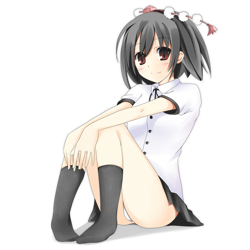 absurdres akesaka_iku black_hair hat highres looking_at_viewer panties pantyshot pantyshot_(sitting) shameimaru_aya short_hair sitting smile solo touhou underwear