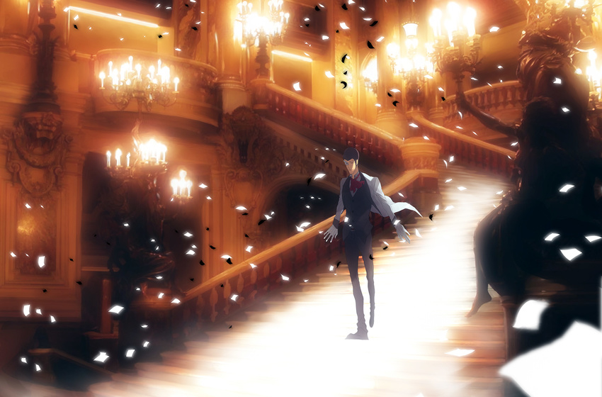 arsene_lupin_iii bad_id bad_pixiv_id chandelier confetti formal gloves highres lupin_iii male_focus mask parody phantom_of_the_opera solo stairs suit wallpaper zz